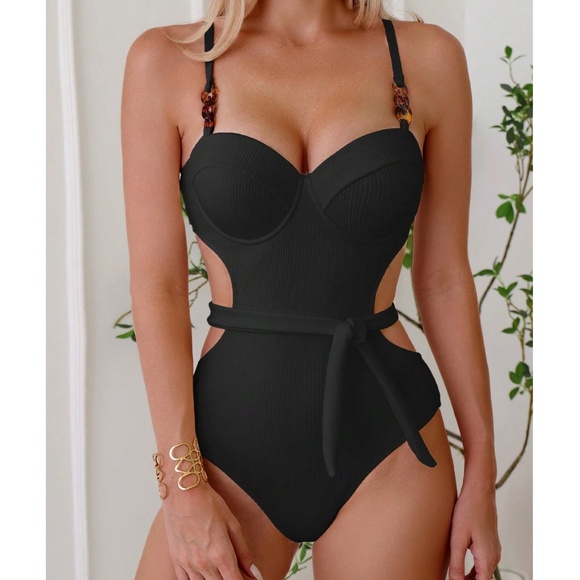 Black Cut out Tie Back Push Up One Piece Monokini Swim - Picture 3 of 6